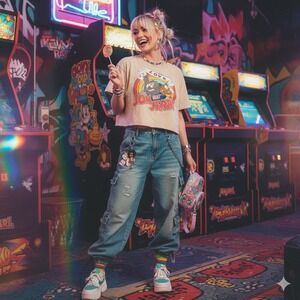 TOM AND JERRY Love Crop Top XL‎ Beige Rainbow Retro Cartoon Y2K Acid Wash Tee